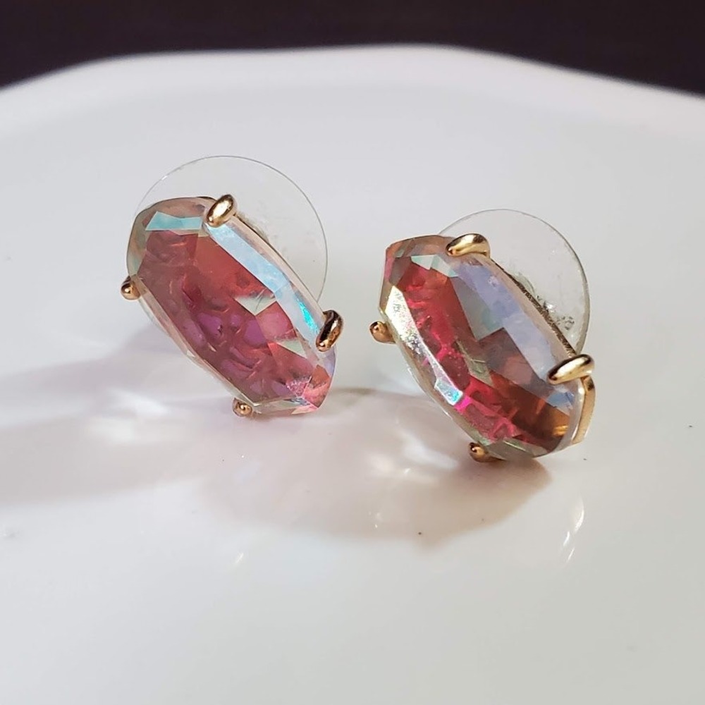Kendra Scott Betty Stud Earrings Gold Tone Iridescent Dichroic Glass Geometric